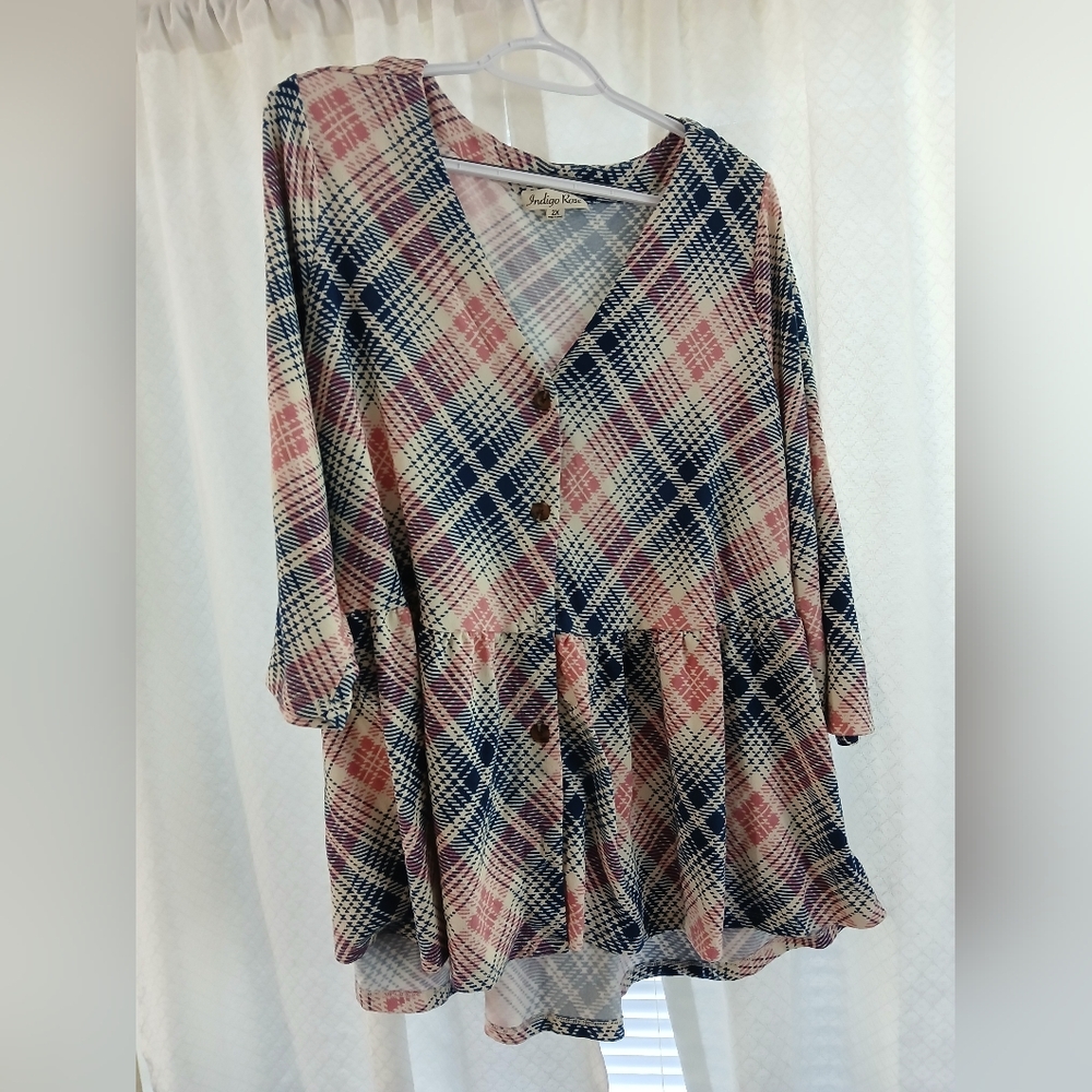 Stylish Soft peplum V-Neck Plaid Butyon Up Tunic - Pink and Blue